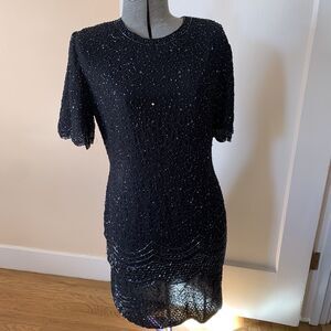 VTG 80s Sz M Beaded Evening Cocktail Dress Black Silk Tiered Skirt Scalloped Hem